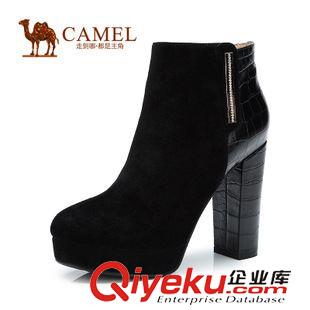 優(yōu)雅女靴 Camel駱駝女靴 時(shí)尚英倫風(fēng)羊皮拼色羊猄松緊帶尖頭高跟A91803603