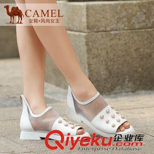 涼鞋 Camel駱駝女鞋 個(gè)性時(shí)尚 牛皮拼接網(wǎng)紗珠飾后拉鏈涼鞋A52831600原始圖片2