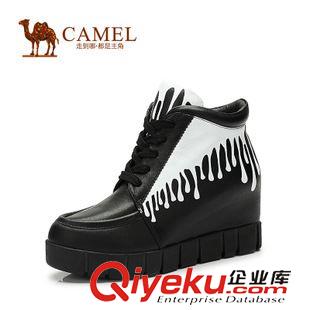 休閑鞋 Camel駱駝女鞋簡約風 圓頭牛皮綁帶厚底內增高休閑女鞋A91003611