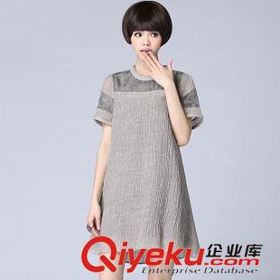 五月第3期 1103#夏新款歐美風仿真絲亞麻拼接中長款寬松大碼女裝翻領連衣裙