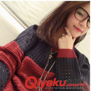 毛衣 針織衫 8379#2015秋裝新款紅藍拼色學院風鏤空針織衫女原始圖片3