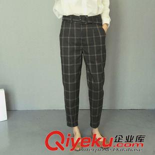 打底褲/休閑褲 2015秋季女裝新款復古英倫風彩線格子口袋百搭腰帶西裝休閑褲原始圖片3