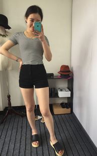 褲子 美國aa topshop高腰牛仔短褲女夏黑色高腰緊身顯瘦包臀彈力熱褲