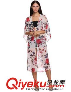 9月中旬新品 2015批发欧美沙滩防晒衣罩衫沙滩裙花朵印花和服两色雪纺衫