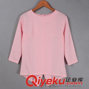 2015.08月新品 歐美外貿(mào) 時(shí)尚圓領(lǐng)后背紐扣雪紡七分袖襯衫 不規(guī)則純色打底上衣