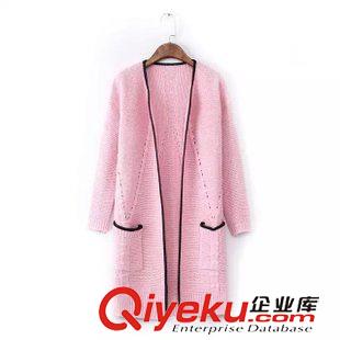 10.6 2015秋裝新品毛衣女韓版中長款 純色包邊修身蝴蝶結口袋開衫外套原始圖片2