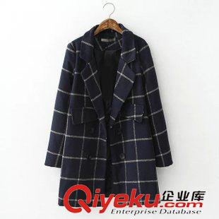10.5 中長款毛呢外套女 2015秋裝新品西裝領(lǐng)雙排扣格子韓版毛呢大衣原始圖片2