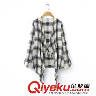 10.5 歐洲站 2015秋裝新品歐美女裝 不規(guī)則格子印花可挽袖開衫和服外套原始圖片2