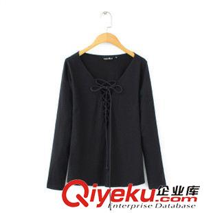10.5 現(xiàn)貨批發(fā)2015秋裝新品歐美女裝 純色性感修身胸前系帶長(zhǎng)袖t恤原始圖片2