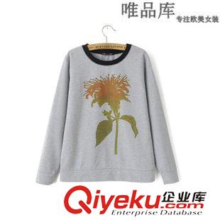 9.10 欧洲站2015秋季女装新品 圆领长袖胸前绿叶花朵印花套头卫衣