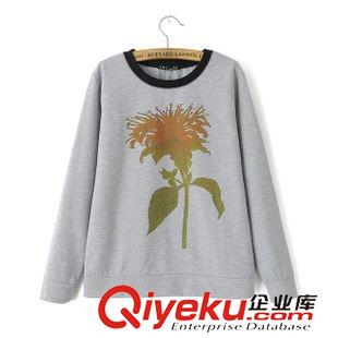 9.10 欧洲站2015秋季女装新品 圆领长袖胸前绿叶花朵印花套头卫衣