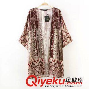 9.5-6 廠家直銷2015秋裝新款歐美女裝 中長款七分袖印花和服開衫外套原始圖片2