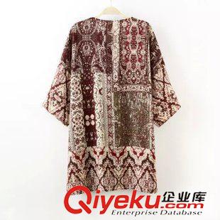 9.5-6 廠家直銷2015秋裝新款歐美女裝 中長款七分袖印花和服開衫外套原始圖片3