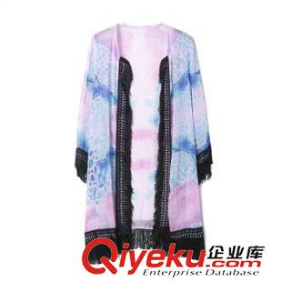 8.14 歐美風(fēng)2015夏季新款女裝 渲染印花流蘇中長(zhǎng)款和服披肩外套批發(fā)原始圖片2