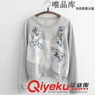 8.14 歐美2015秋裝新款女裝上衣 卡通刺繡長(zhǎng)袖套頭蕾絲衛(wèi)衣女