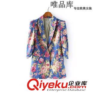 8.13 歐洲站 歐美2015秋裝新款女裝外套 印花修身中長款西裝女 批發(fā)