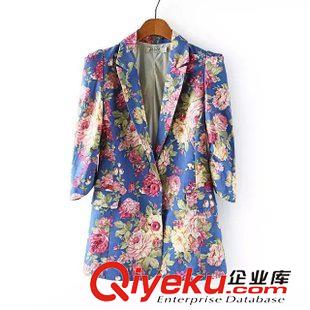 8.13 歐洲站 歐美2015秋裝新款女裝外套 印花修身中長款西裝女 批發(fā)原始圖片2