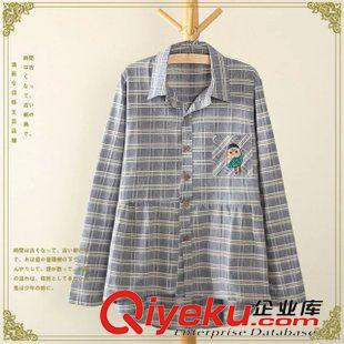 8.12 2015秋裝新款女裝 日系森女學(xué)生格子口袋刺繡貓頭鷹長(zhǎng)袖棉麻襯衫