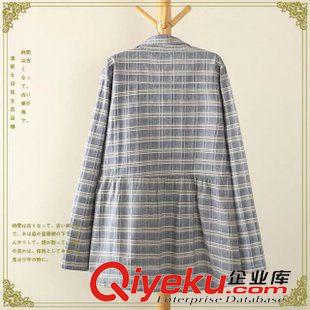 8.12 2015秋裝新款女裝 日系森女學(xué)生格子口袋刺繡貓頭鷹長(zhǎng)袖棉麻襯衫