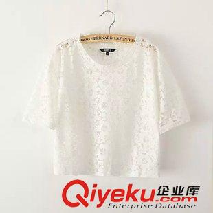 7.23 歐美2015夏季新款女裝上衣 純白色百搭時(shí)尚鏤空蕾絲罩衫 短袖襯衫