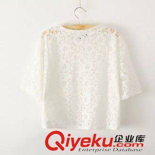 7.23 歐美2015夏季新款女裝上衣 純白色百搭時(shí)尚鏤空蕾絲罩衫 短袖襯衫