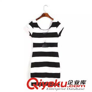 7.11-12 歐洲站 2015夏裝新款 歐美女裝 寬條紋后背倒三角式短袖連衣裙原始圖片2