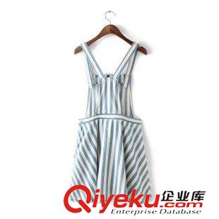 7.9 歐洲站2015夏季女裝新品 胸前大口袋藍(lán)白條紋牛仔背帶裙連衣裙