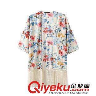 7.9 歐洲站 速賣通貨源2015夏季新款 歐美女裝 人棉印花流蘇和服開衫原始圖片2