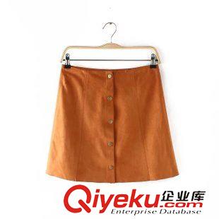 7.8 歐洲站 歐美風(fēng)2015秋季女裝新款 大牌時(shí)尚仿麂皮前紐扣A字半身裙原始圖片2