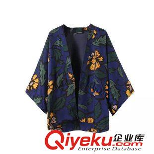 7.2 廠家直銷 2015秋裝新款 歐美女裝 品牌時(shí)尚櫻花印花和服外套