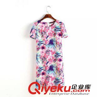 6.23 歐洲站 2015夏季  新款 歐美女裝 渲染印花短袖雪紡連衣裙原始圖片2