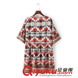 6.23 歐洲站 2015夏新款女裝復古印花棉綢吊墜喇叭袖大碼娃娃衫 連衣裙原始圖片2