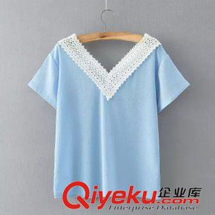6.22 速賣(mài)通  貨源 2015夏季新款歐美女裝套頭V領(lǐng)蕾絲短袖T恤小衫原始圖片2