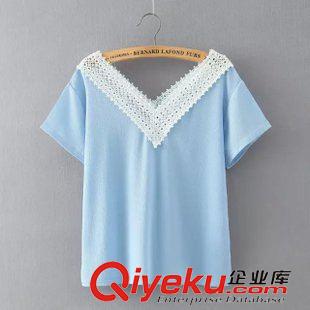 6.22 速賣(mài)通  貨源 2015夏季新款歐美女裝套頭V領(lǐng)蕾絲短袖T恤小衫原始圖片3