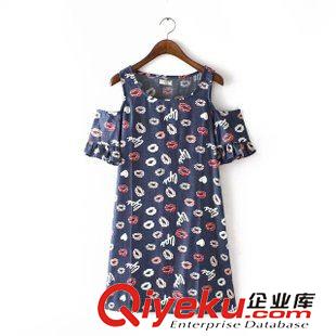 6.16 歐洲站 2015夏季新款歐美女裝嘴唇印花露肩飛袖A字牛仔連衣裙原始圖片3