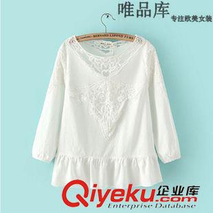 6.9 2015夏裝新款 歐美女裝 棉麻泡泡袖荷葉邊蕾絲鏤空刺繡套頭襯衣