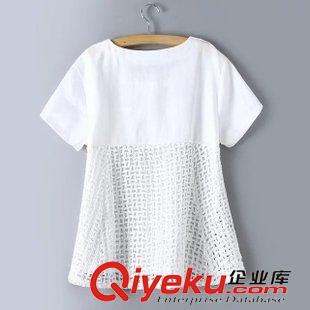 6.5 2015夏裝新款 韓版女裝 小清新純色拼接蕾絲圓領短袖T恤批發原始圖片2