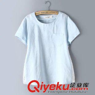 6.5 2015夏裝新款 韓版女裝 小清新純色拼接蕾絲圓領短袖T恤批發原始圖片3