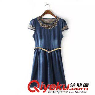 5.29 歐洲站 2015新款歐美大碼胖MM女裝氣質(zhì)金絲蕾絲牛仔連衣裙 送腰帶原始圖片2