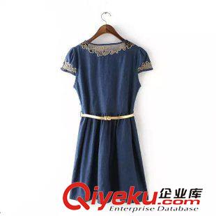 5.29 歐洲站 2015新款歐美大碼胖MM女裝氣質(zhì)金絲蕾絲牛仔連衣裙 送腰帶原始圖片3