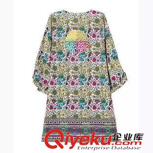 5.29 歐洲站 速賣通爆款民族風彩色定位印花飄帶襯衫式七分袖連衣裙原始圖片3