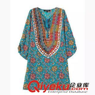 5.29 歐洲站女裝 2015夏季新款復古定位印花飄帶七分袖襯衫式連衣裙原始圖片2