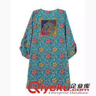 5.29 歐洲站女裝 2015夏季新款復古定位印花飄帶七分袖襯衫式連衣裙原始圖片3