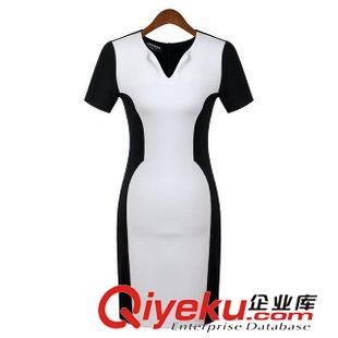 5.28 歐洲站 2015秋裝新款歐美女裝職業(yè)修身氣質(zhì)拼接撞色短袖連衣裙原始圖片2