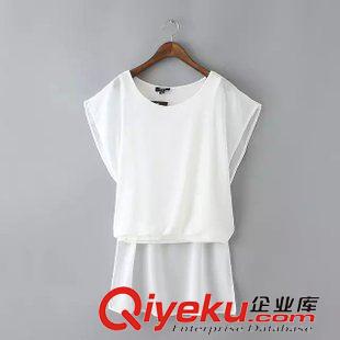 5.28 歐美2015夏季新款女裝 飄逸不對稱套頭蝙蝠袖短袖雪紡衫原始圖片2