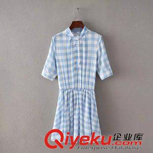 5.26 2015夏裝新款學(xué)院風(fēng)森系小清新中袖格子雪紡襯衫式連衣裙原始圖片2