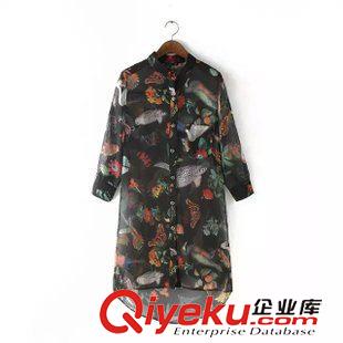5.26 速賣通貨源2015夏歐美女裝鳥(niǎo)語(yǔ)花香印花七分袖雪紡衫防曬服原始圖片2