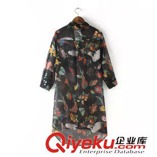 5.26 速賣通貨源2015夏歐美女裝鳥(niǎo)語(yǔ)花香印花七分袖雪紡衫防曬服原始圖片3