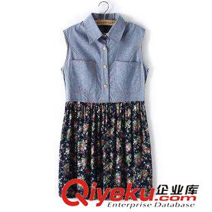 5.22 歐洲站 2015夏季新款歐美女裝牛仔拼接碎花高腰無袖背心連衣裙原始圖片2