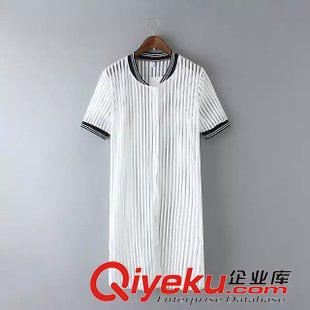 5.21 韓版東大門爆款 潮流修身?xiàng)l紋拼接立領(lǐng)短袖防曬衣 長款襯衫原始圖片2